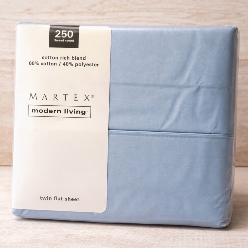 Vintage Martex Twin Flat Sheet Blue Cotton Blend Fabric 250CT Sewing Craft